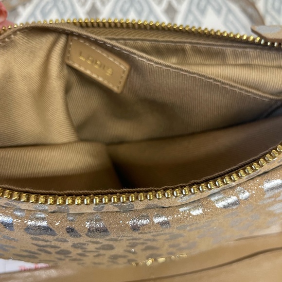 Lodis Tan Silver Leopard Print Suede Convertible Crossbody Bag Wristlet Wallet - Picture 7 of 8